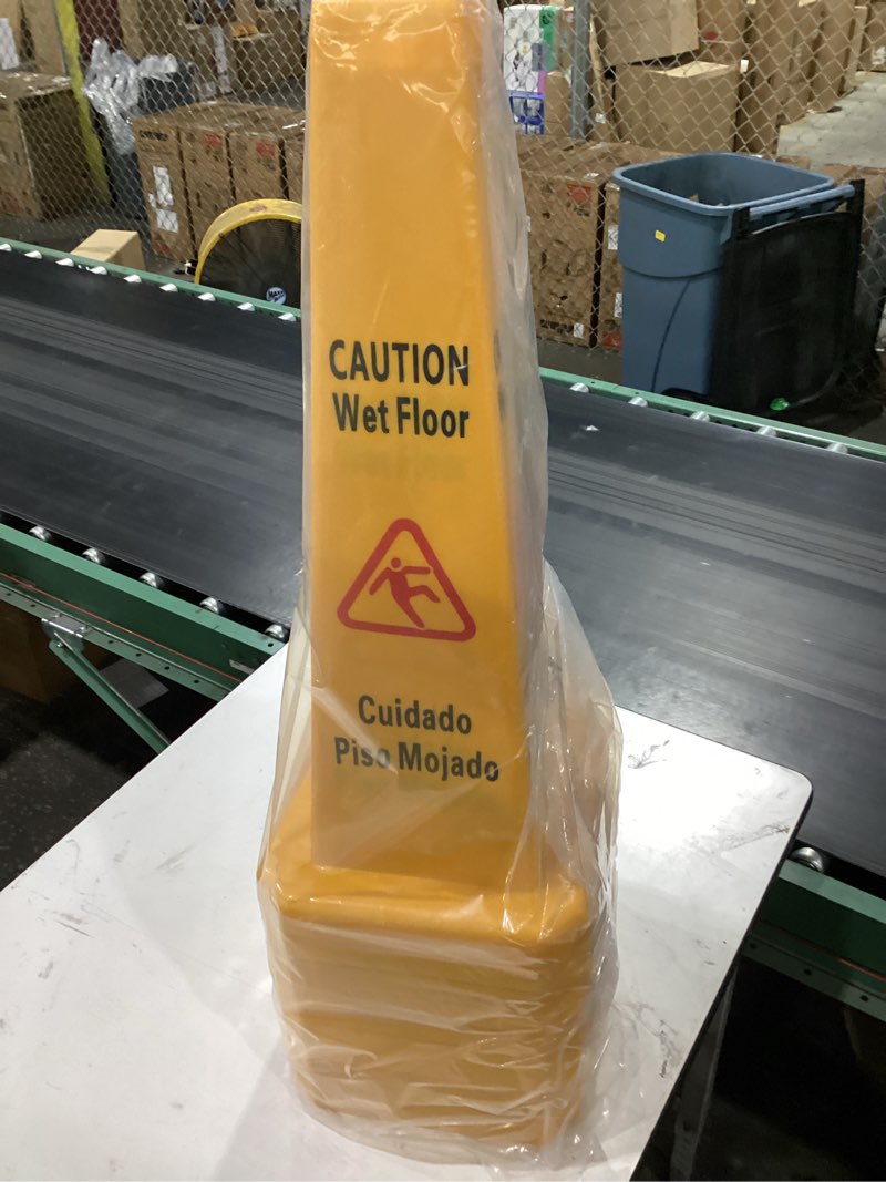 Condition photo showing New/Like New for floor safety cone yellow caution wet floor sign 4 sided wet cone sign public caution yellow avoid fall slip accident for indoors and outdoors(10 pieces)