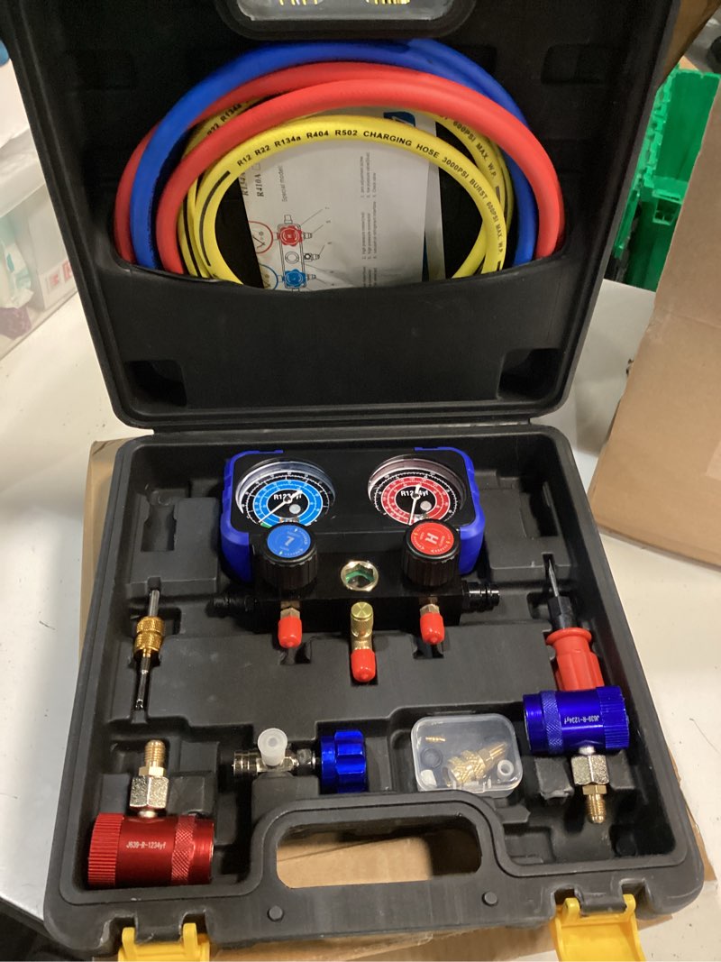Condition photo showing Good Condition for calpose r1234yf ac gauge, 3 way ac manifold gauge set for r1234yf refrigerant, refrigerant gauges with 5ft hoses?r410a adapter, puncturing can tap, anti-collision dials provide more accurate reading black