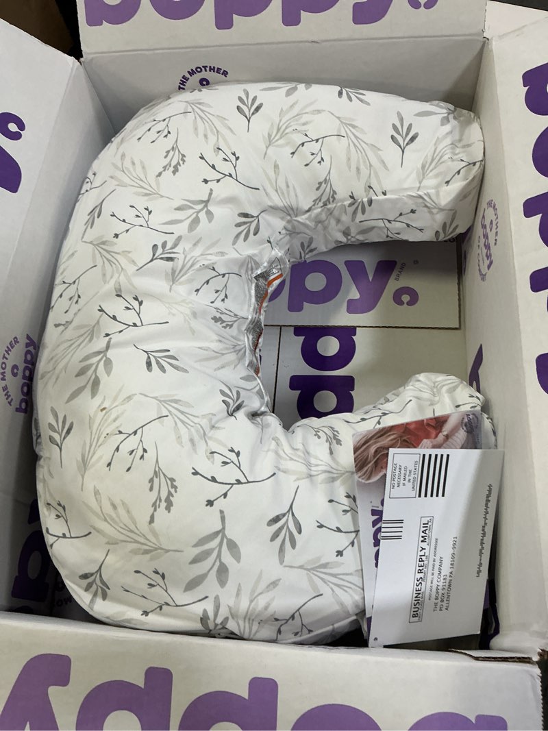 Condition photo showing Good Condition for Boppy Nursing Pillow - Ergonomic Bottle & Breastfeeding Pillow with High, Firm, Large Area, Water-Repellent Cushion with Washable Cover; Baby Safety Alliance Verified - Gray Gentle Leaves New Nursing Pillow Gray Gentle Leaves