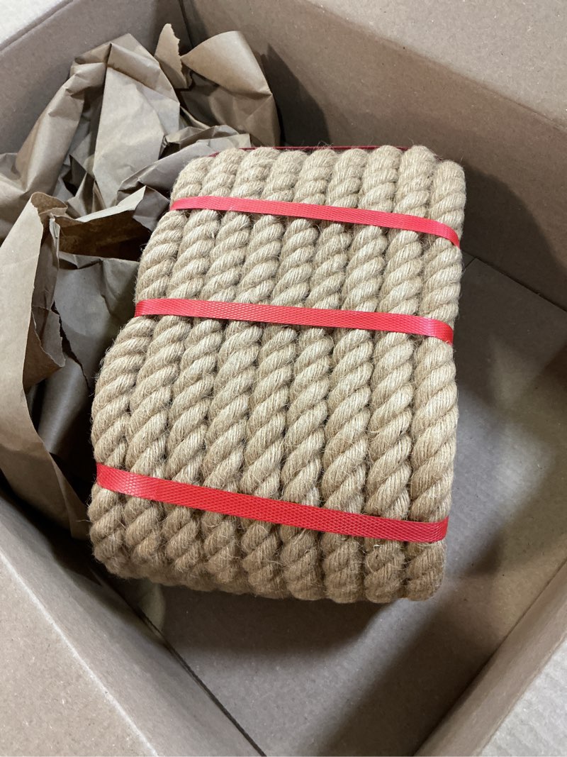 Condition photo showing Good Condition for 1 inch x 50 ft hemp rope - heavy duty 4 strand twisted twine for crafts, nautical decor, tug of war, landscaping, gardening & railing (900 lbs break strength, natural brown) 1 in 50 ft
