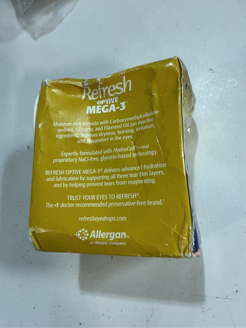 Condition photo showing New/Like New for Exp:2027/02) Refresh Optive MEGA-3 Lubricant Eye Drops Preservative-Free Artificial Tears, 0.01 fl oz (0.4 mL), 60 Single-Use Containers Optive Mega-3 60 Count (Pack of 1)