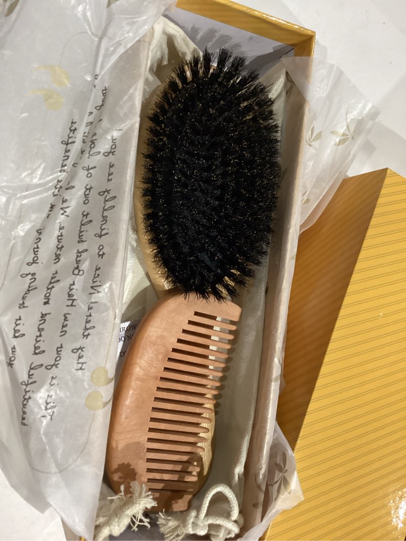Condition photo showing Good Condition for Belula 100% Boar Bristle Hair Brush Set (Medium). Soft Natural Bristles for Thin and Fine Hair. Restore Shine And Texture. Wooden Comb, Travel Bag and Spa Headband Included! Medium (4 PIECE SET)