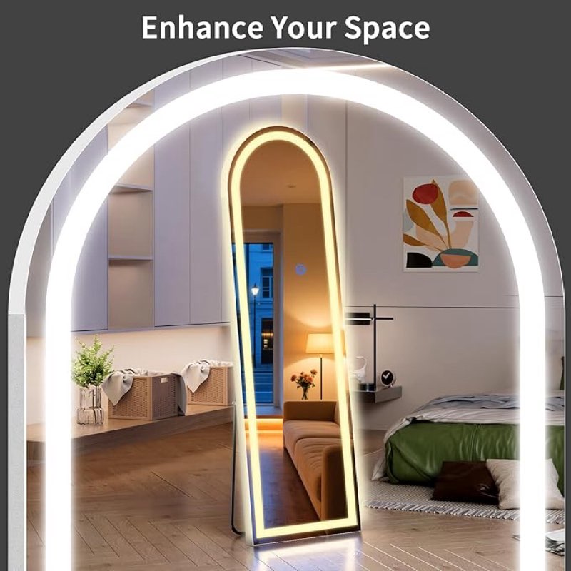 arch full length standing mirror with led lights, 63"x20" lighted mirror with dimming & 3 color lighting, tall mirror full body for bedroom, dressing room