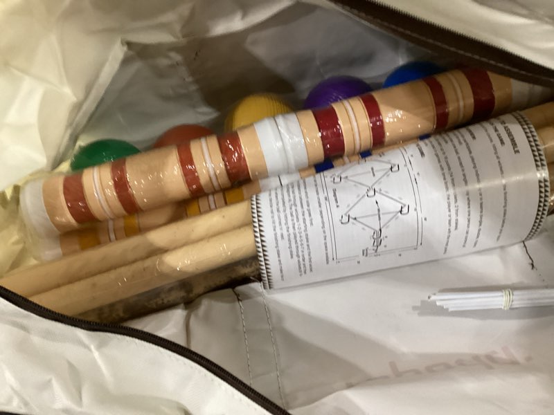 Condition photo showing As Is for ropoda six-player croquet set with wooden mallets, colored balls, sturdy carrying bag for adults &kids, perfect for lawn,backyard,park and more 28"-standard