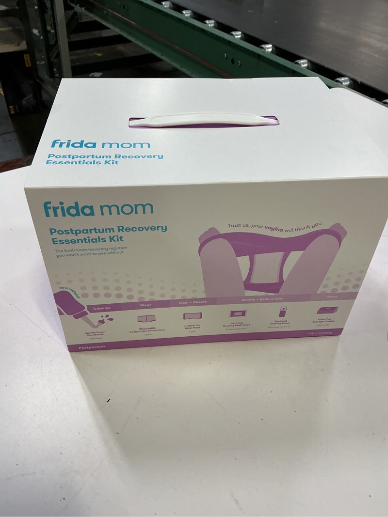 Condition photo showing New/Like New for frida mom 11pc postpartum essentials kit gift set, hospital bag must haves for new mom, includes 4 disposable postpartum underwear, 4 ice maxi pads, perineal healing foam & 24 pad liners & peri bottle postpartum kit