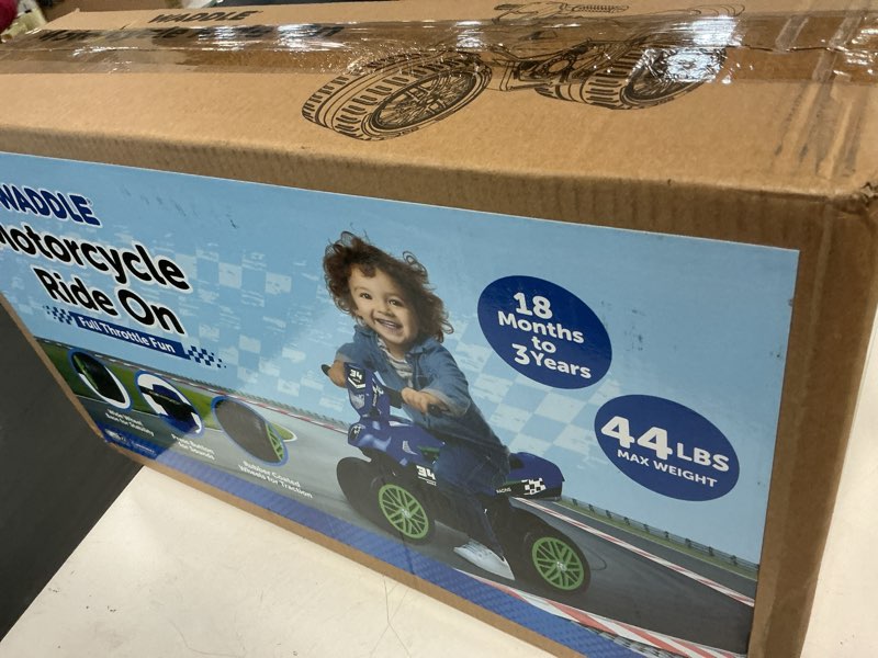 Condition photo showing New/Like New for waddle kids motorcycle ride-on toy for toddlers - foot to floor balance bike w/wide wheel base, rubb