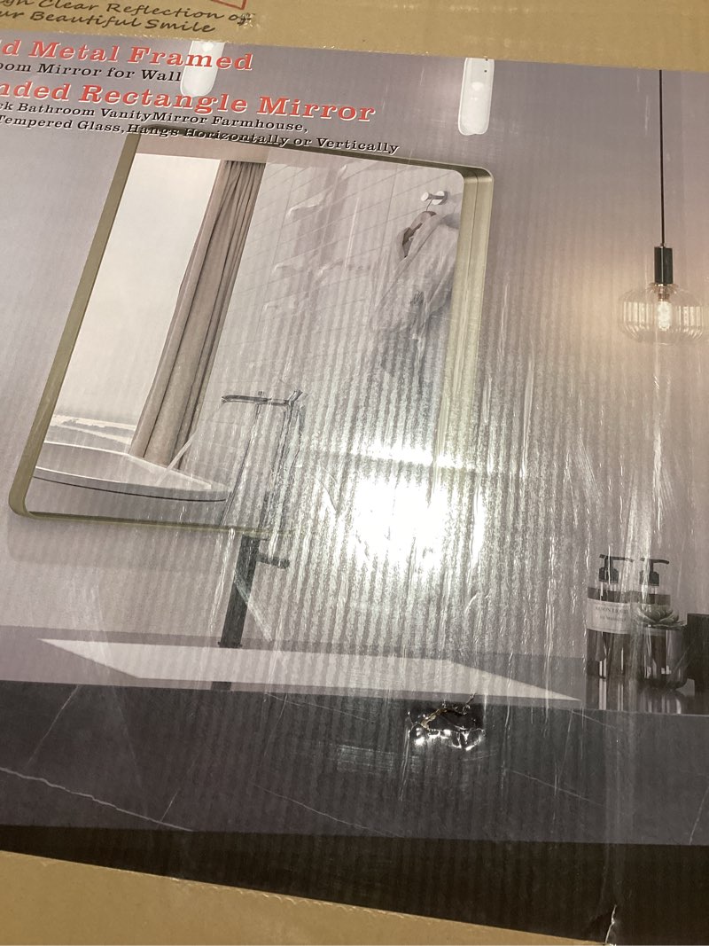 Condition photo showing New/Like New for LOAAO 36”X36” Gold Bathroom Mirror, Rounded Rectangle Gold Frame Mirror, Brushed Gold Bathroom Vanity Mirror Wall-Mounted, Anti-Rust, Tempered Glass, Hangs Horizontally or Vertically Gold 36"L x 36"W