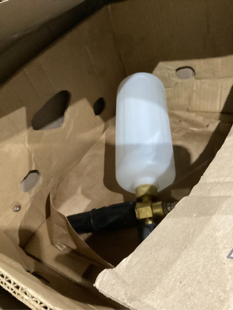 Condition photo showing As Is for (Used)  Wall Mounted Pressure Washer with 100FT Retractable Hose, 5-Stage Adjustable Pressure, Foam Cannon & 5 Nozzles for Car, Lane, Patio Cleaning, Black