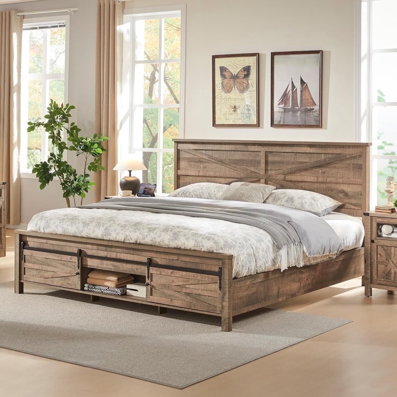 incomplete *T4TREAM Farmhouse Wood King Size Bed Frame with Sliding Barn Door Storage Cabinets and Headboard,No Box Spring Needed,Light Brown