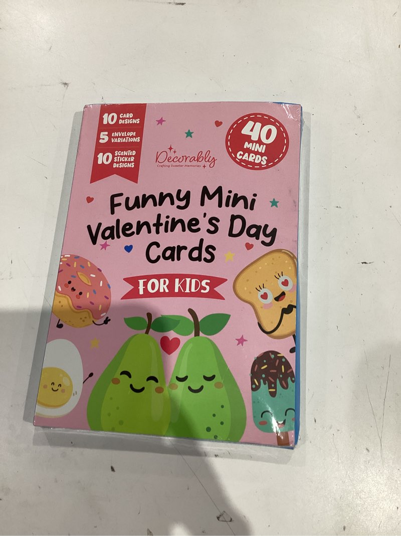 Condition photo showing New/Like New for Decorably 40 Pack Holographic Postcard-Style 4.7x3in Valentines Cards for Kids with Envelopes and Scented Stickers, 12 Funny Designs for Loved Ones - Hearts' Day, Gifting, Mailing