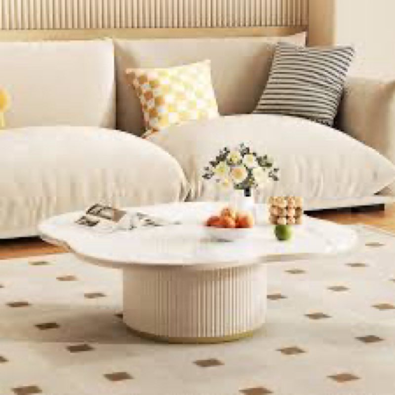 Modern White Marble Petal Coffee Table – Irregular Cloud Shape with Rock Board Top & Fluted Base for Elegant Living Rooms