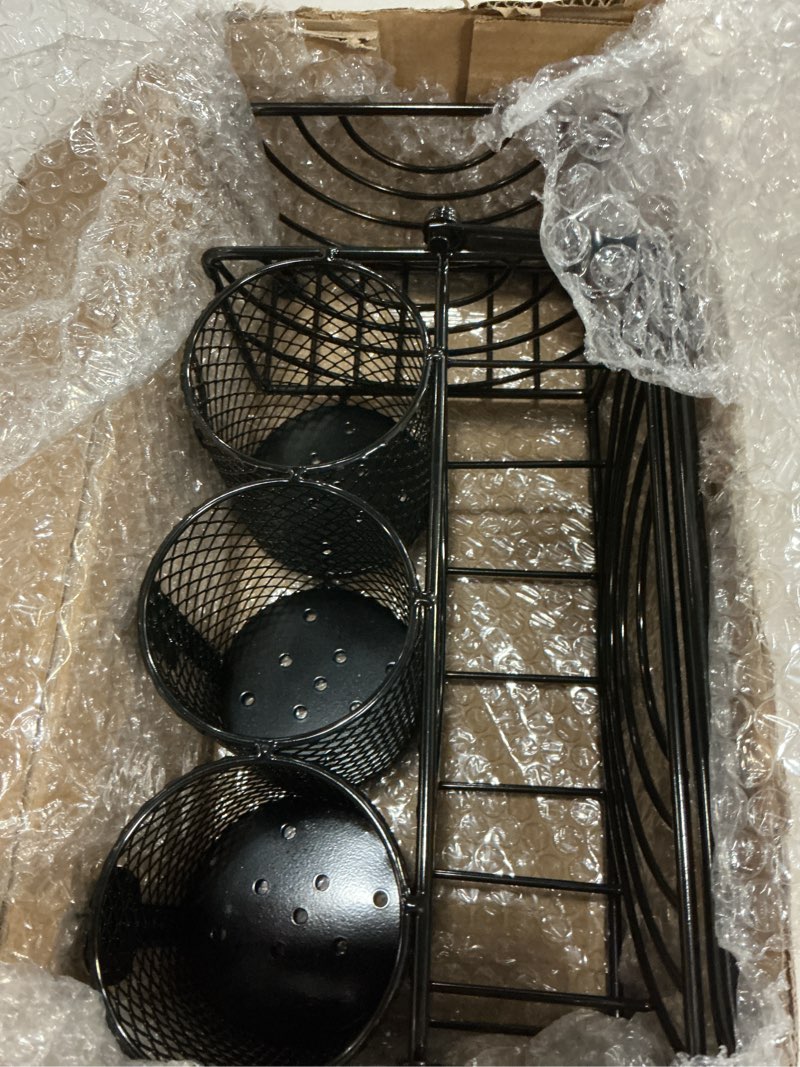 Condition photo showing New/Like New for metal utensil caddy with 5 compartments, black mesh silverware caddy organizer, flatware storage holder for napkins, plates, party, camping, picnic, buffet, rv, bbq, kitchen, countertop