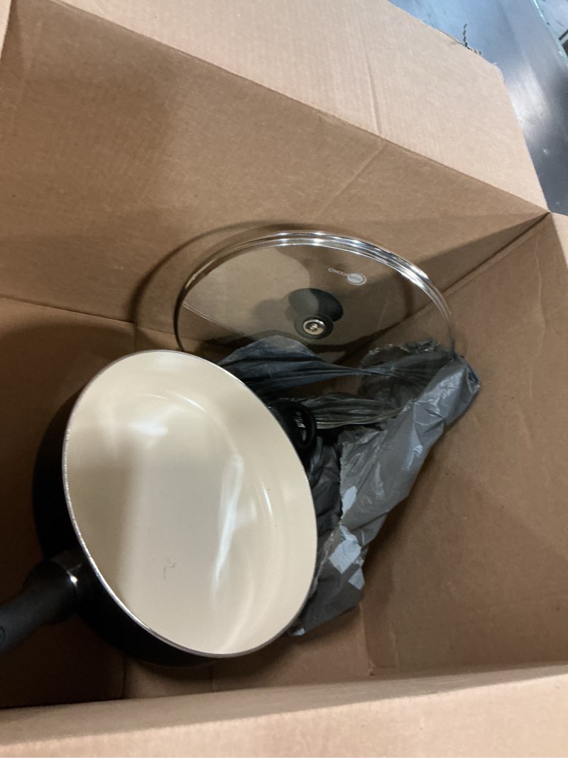 Condition photo showing As Is for greenpan rio healthy ceramic nonstick 5qt saute pan jumbo cooker with helper handle and lid, pfas-free, dishwasher safe, black