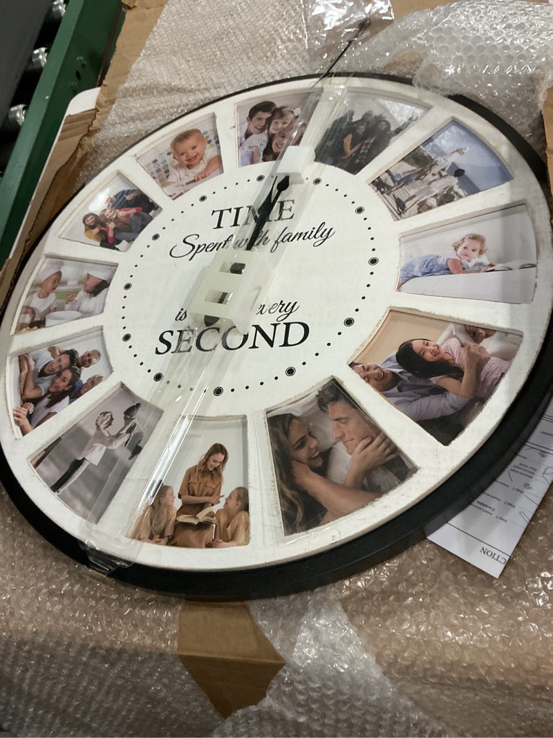 Condition photo showing Good Condition for 12 photo collage family wood wall clock, rustic farmhouse wall clock, large oversized wall clocks for home, kitchen, living room, silent battery powered 24 inch white