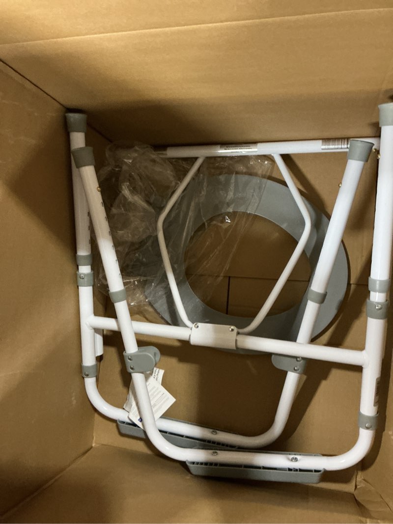 Condition photo showing As Is for medline 3-in-1 steel bedside commode, elongated seat, sturdy folding frame, 7.5 qt. bucket, 350 lb. weight capacity, clip-on seat, easy cleaning, tool-free assembly, gray