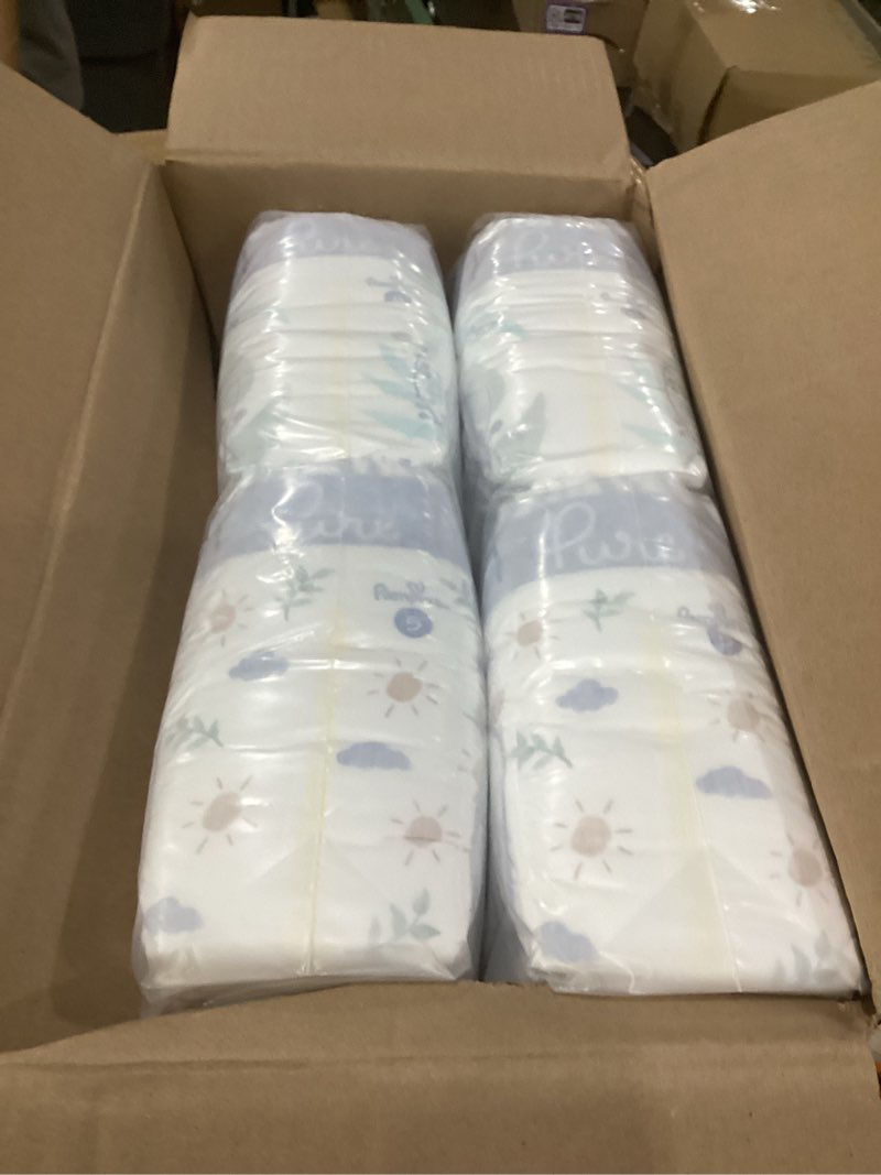 Condition photo showing New/Like New for pampers pure baby diapers, size 5 (27+ lbs), 132, up to 100% leakproof, premium hypoallergenic soft diapers size 5 132