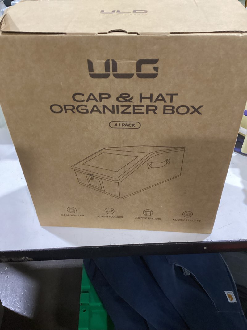 Condition photo showing As Is for ULG Stackable Hat Organizer for Baseball Caps, Fits 12 Caps, Foldable Storage Box with Clear PVC Window, Dual Zippers, Dust-Proof, Space-Saving Cap Storage for Closet, Bedroom, Entryway, 4-Pack, Gray Gray 4 pack