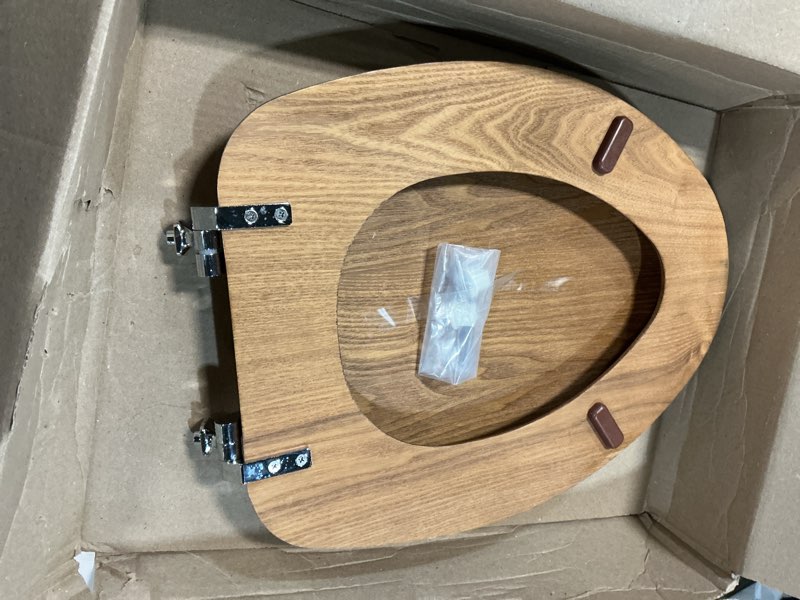 Condition photo showing As Is for Elongated Toilet Seat Molded Wood Toilet Seat with Zinc Alloy Hinges, Easy to Install also Easy to Clean, Anti-pinch Wooden Toilet Seat by Angol Shiold (Elongated, Natural) Zinc Alloy Hinge Natural