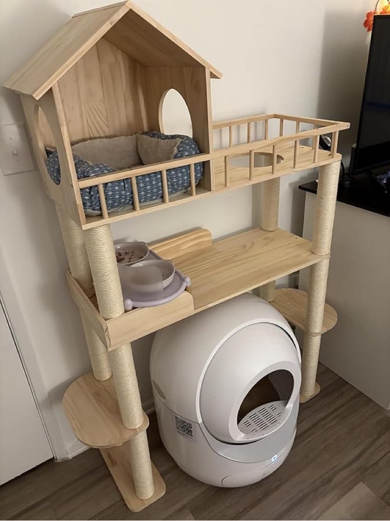 wood cat tree for automatic litter box, 60.2 inch tall modern cat tree tower with litter box enclosure, multi-level wooden cats tower furniture with scratching posts, condo house for indoor cats c1