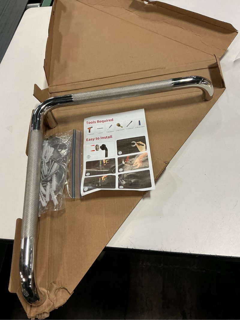 Condition photo showing Good Condition for L-Shaped Angled Grab Bar 16x16 Inch Chrome Anti-slip Knurled Shower Handle Wall Mount, Stainless Steel Shower Bars Safety for Seniors Injured Balance Support, Handicap Grab Bars for Bathtubs & Showers Chrome 16x16 inch