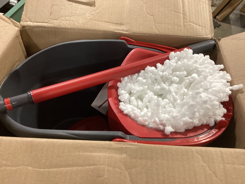 Condition photo showing New/Like New for o-cedar easywring microfiber spin mop, bucket floor cleaning system, red, gray, standard