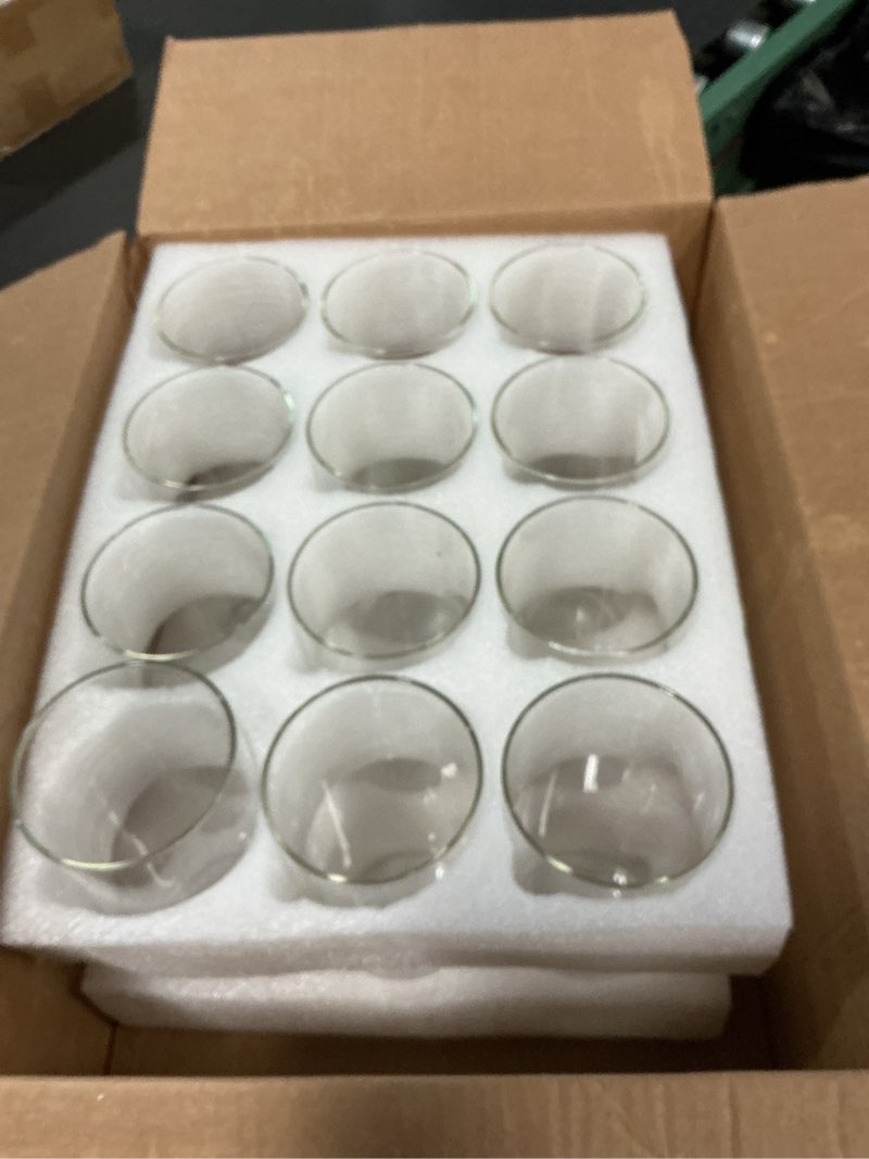 Condition photo showing Good Condition for set of 12 clear glass cylinder vases (2 sponge brushes included), 3.5” w x 6” h, flowers vases, decorative centerpieces for home, events or weddings