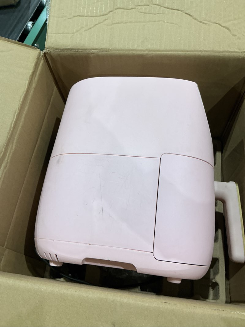 Condition photo showing As Is for paris hilton air fryer, large 6-quart capacity, nonstick made without pfas, touchscreen display, 8-in-1 (air fry, roast, broil, bake, reheat, keep warm, pizza, dehydrate), dishwasher safe, pink