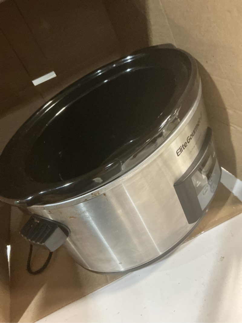 Condition photo showing As Is for Elite Gourmet MST-900D 8.5Qt Digital Programmable XL Jumbo Slow Cooker, Adjustable Temp, Entrees, Sauces, Stews & Dips, Dishwasher Safe Glass Lid & Crock, Stainless Steel Stainless Steel/Black