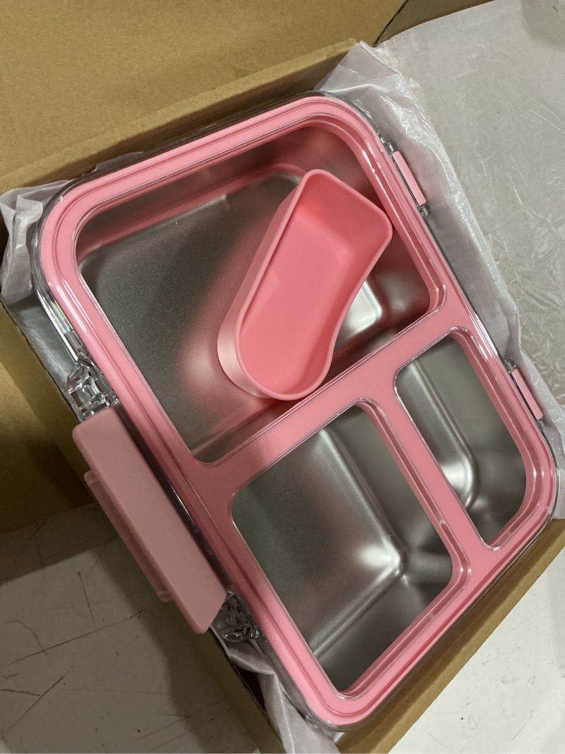 Condition photo showing New/Like New for stainless steel bento box for kids, 3-compartment metal lunch box with clear lid & removable silicone, lunch box kids with silicone inner container for meal prep, school, office (pink)