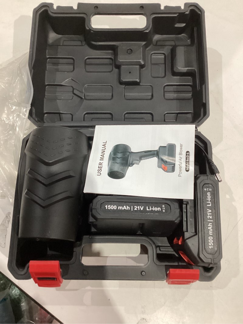 Condition photo showing As Is for electric mini leaf blower, powered handheld blower leaf, adjustable wind speed cordless 21v battery blower with 2 rechargeable batteries and charger, toolbox, for yard leaf & snow removal(black)