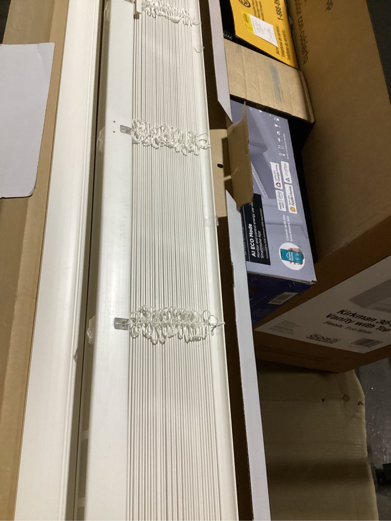 Condition photo showing As Is for levolor trim+go 2-in slat width 59-in x 64-in cordless white faux wood room darkening horizontal blinds