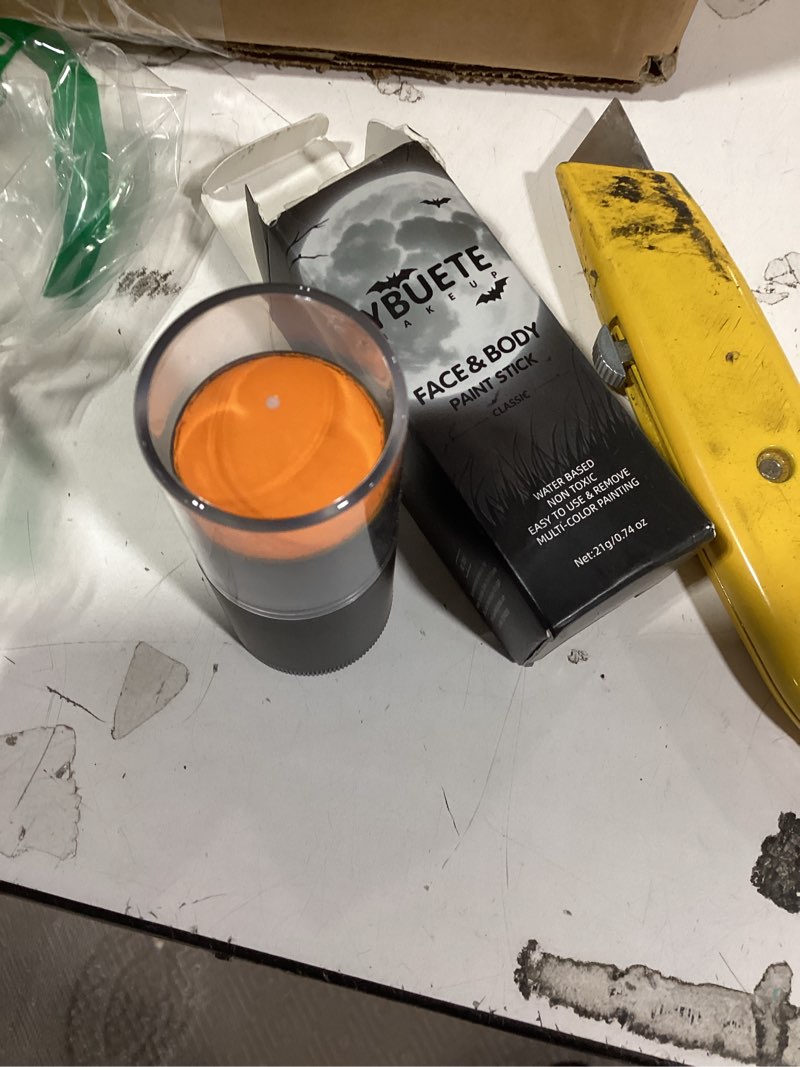 Condition photo showing As Is for ybuete orange face body painting stick,professional orange full-coverage cream face paint for halloween sfx tiger pumpkin clown cosplay, washable eye stick for adult festival & theater performance