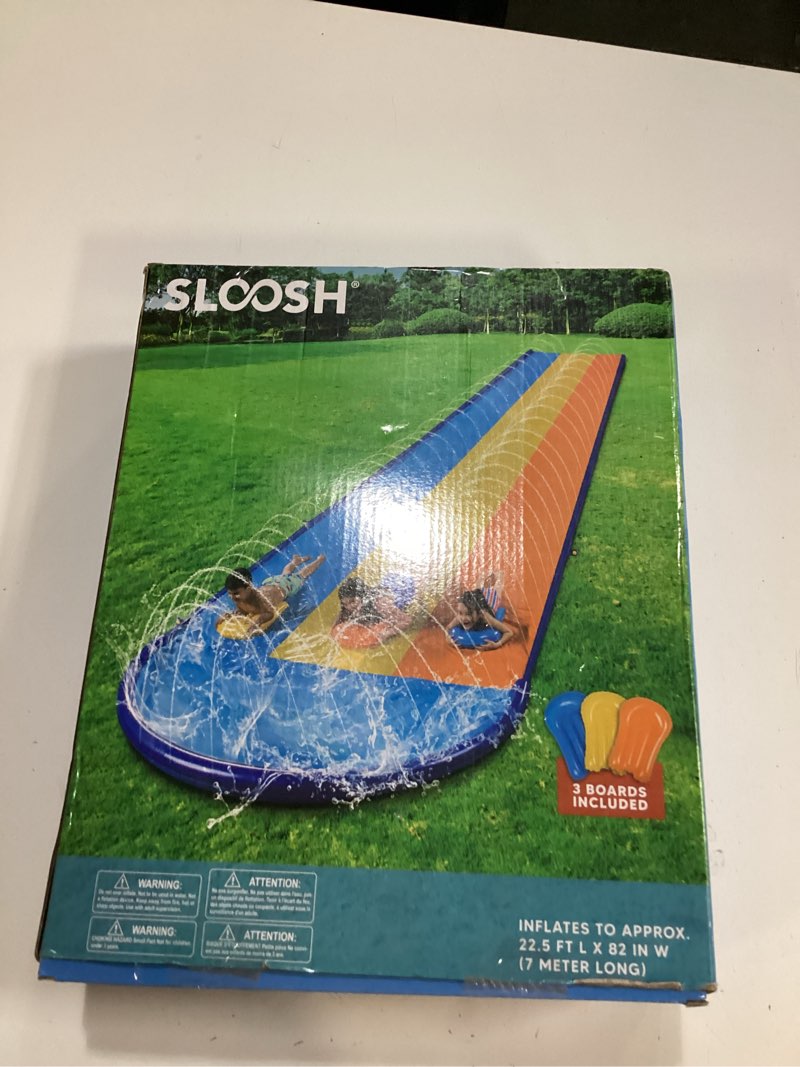 Condition photo showing New/Like New for sloosh triple water slide with 3 bodyboards, 22.5ft lawn water slip splash pad slide summer toy with build in advanced sprinkler for kids adults backyard summer water fun