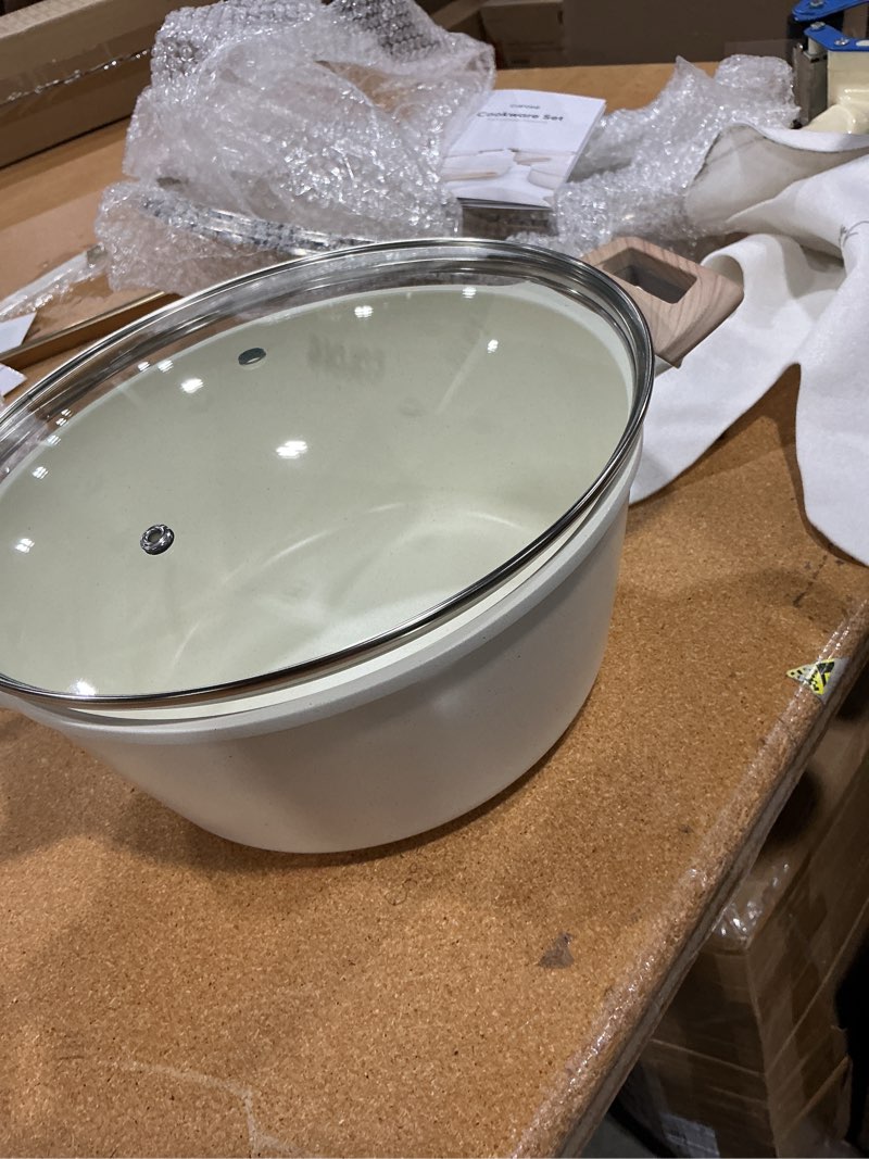 Condition photo showing New/Like New for carote 44pcs pots and pan set nonstick, cookware sets, cooking set non stick, induction cook ware with bakeware set, kitchen knife set cream white 44 piece