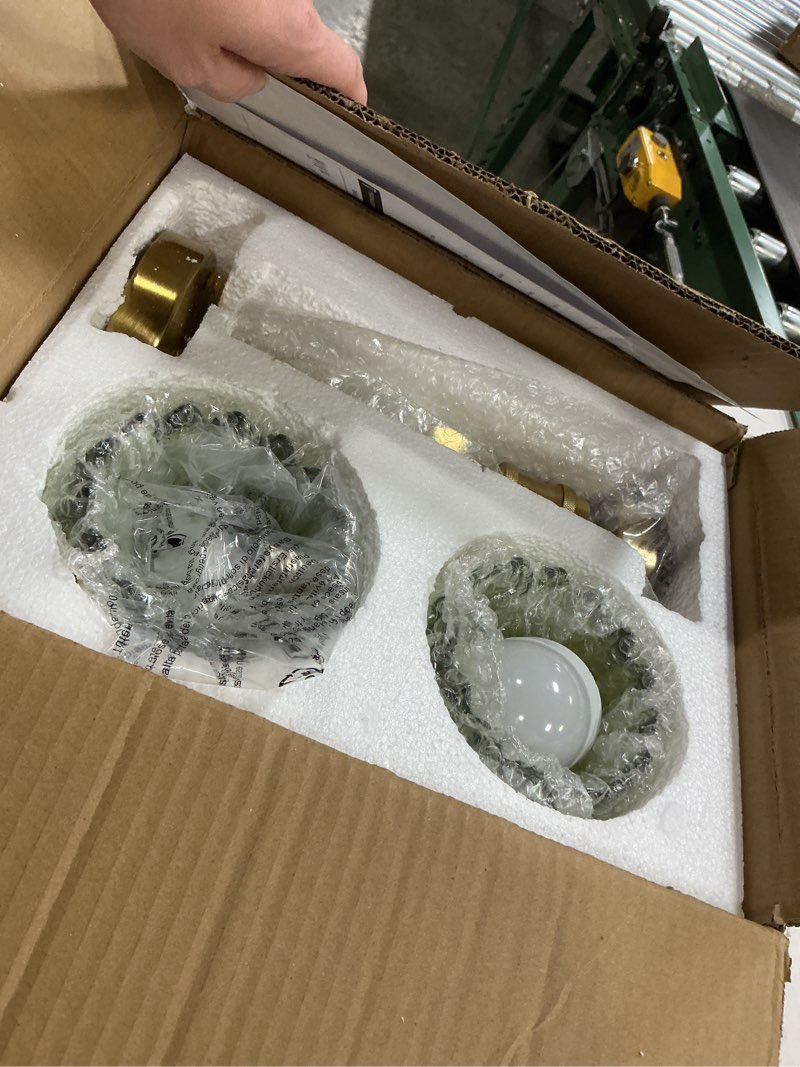 Condition photo showing New/Like New for vintage battery operated wall sconce, green tulip glass lampshade wireless rechargeable battery powered led wall light with remote dimmable for bedside bedroom doorway living room, set of 2 gold-green gold