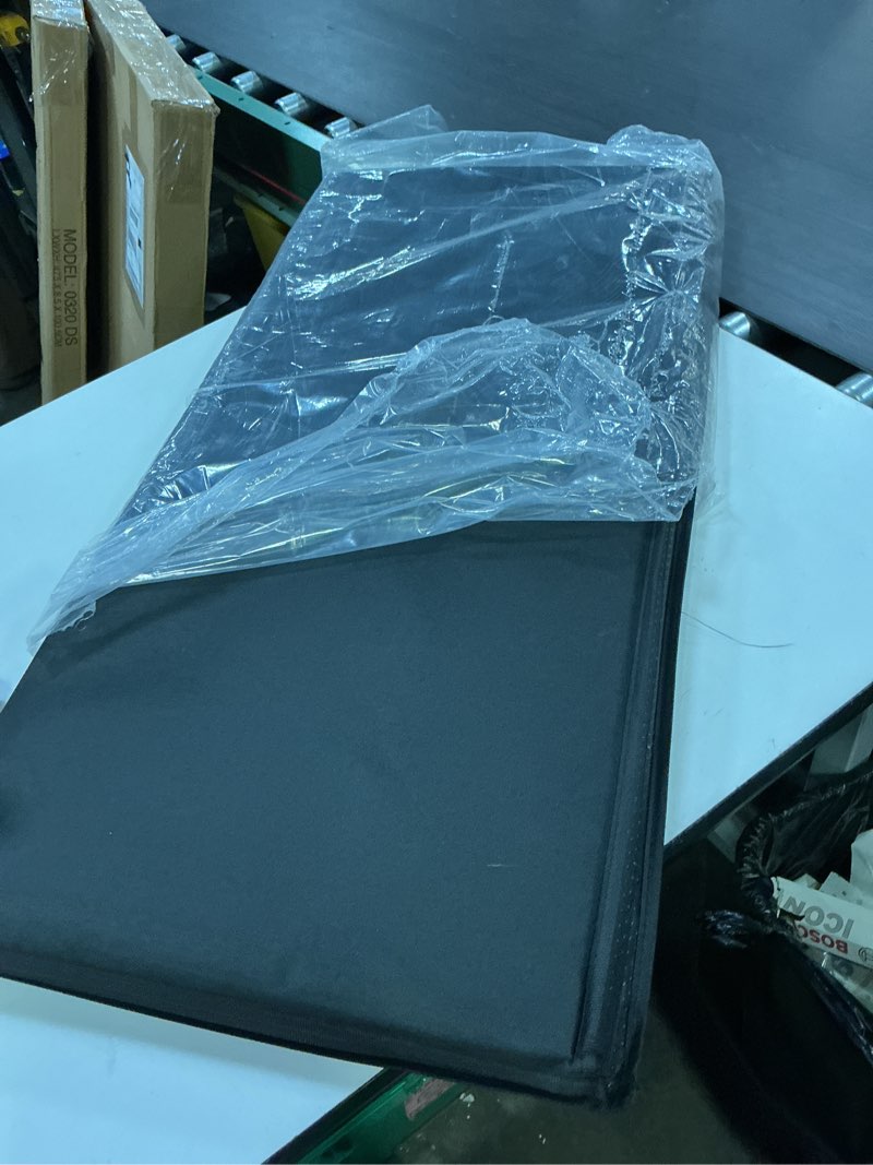 Condition photo showing As Is for breathable, noise minimizing, moisture resistant twin size bunkie board, 10mm thick, black, oxford weave, foldable, modern, space-saving, utilitarian, limited warranty twin size 36x71''