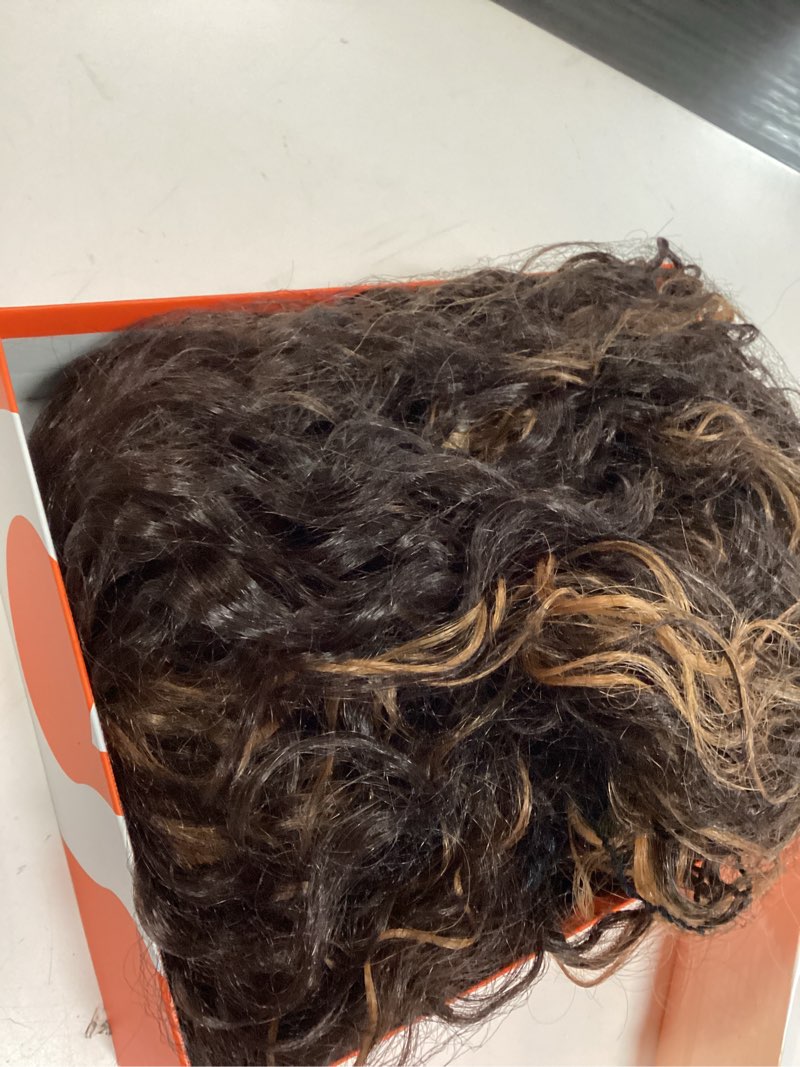 Condition photo showing Good Condition for gorgius veralux blend shaggy haircuts natural highlight curly wigs with bangs crafted with style-archive technology: premium fiber & remy human hair blended, realistic look with true scalp brown highlights | shaggy curls 20 inch
