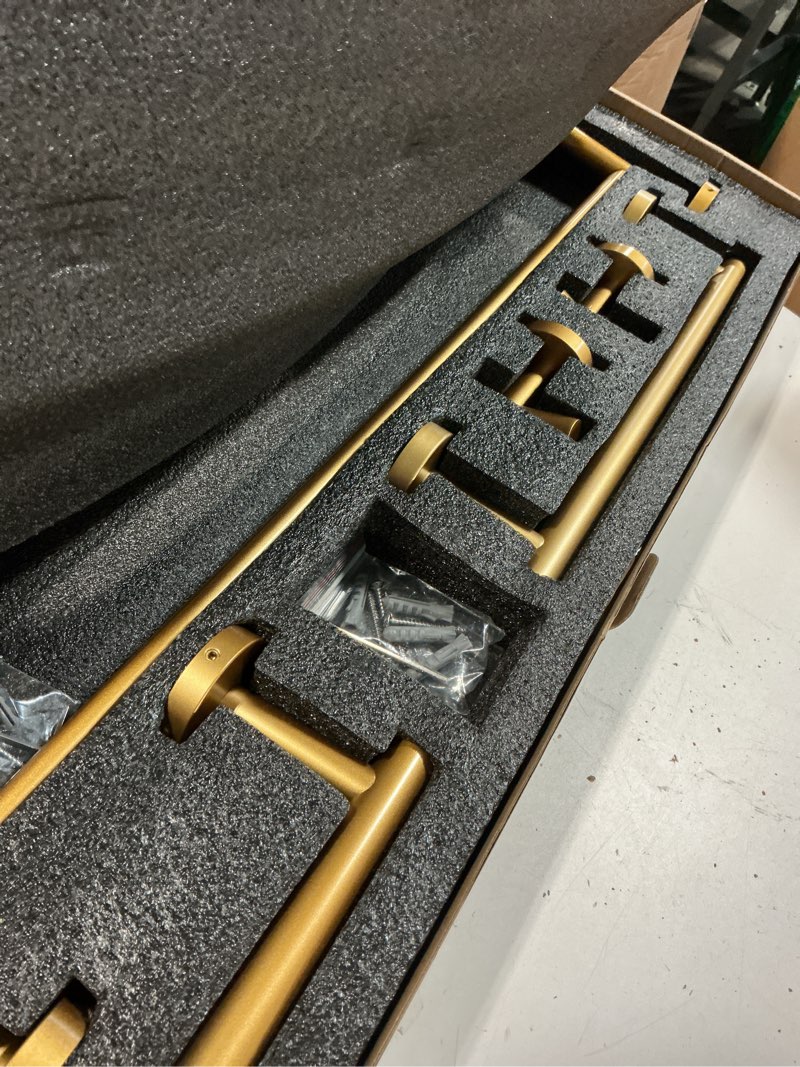 Condition photo showing Good Condition for gold 5-pieces bathroom hardware set wall mounted - includes 24" double towel bar, 12" hand towel bar, toilet paper holder, 2x robe towel hooks