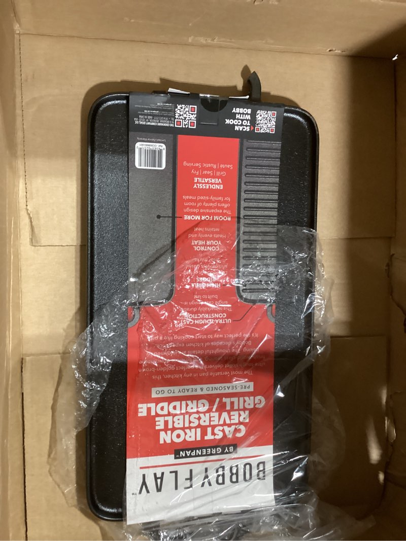 Condition photo showing As Is for GreenPan x Bobby Flay Cast Iron Pre-Seasoned 16.5 x 9.5” Reversible Double Burner Griddle, Rectangular Grill, Helper Handles, Induction, Versatile Stovetop Oven BBQ & Fire, Indoor & Outdoor Use, Black