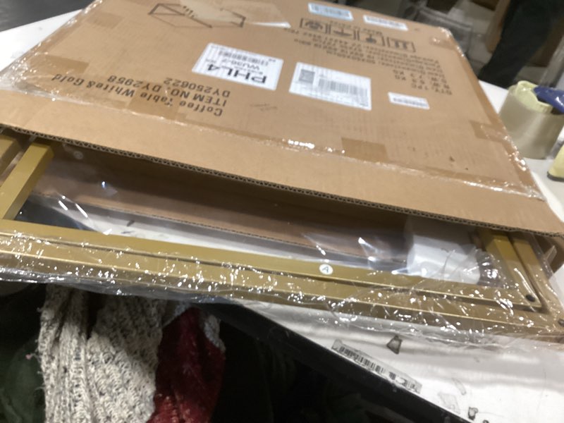 Condition photo showing Good Condition for Similar product not like stock photo Garden 4 you Coffee Table Set of 2, Modern Engineered Wood Nesting Table, Metal Frame Square Center Table Set, Side Tables, Nesting Coffee Table for Living Room, Bedroom and Small Spaces, 19.7in Gold White & Gold 19.7\"
