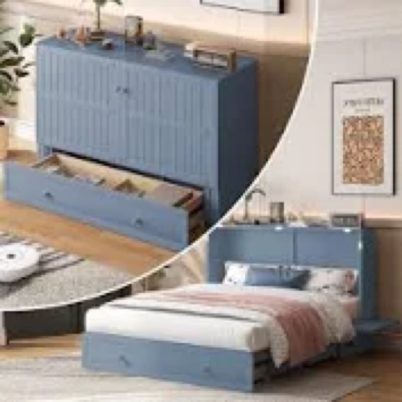 Murphy Bed Cube Cabinet With Foldable Mattress, Queen Size Murphy Chest Bed With Usb Charging Station, Murphy Cube Queen Cabinet Bed With Large Storage Drawers For Bedroom, Guest Room