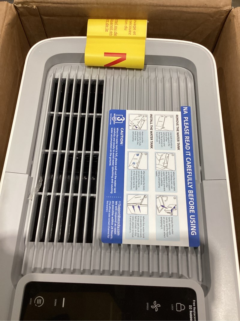 Condition photo showing As Is for 50 pint/day compressor dehumidifier, aeocky 3500sq.ft for basement, home, bedroom, bathroom, with drain hose, intelligent humidistat, quiet ivory