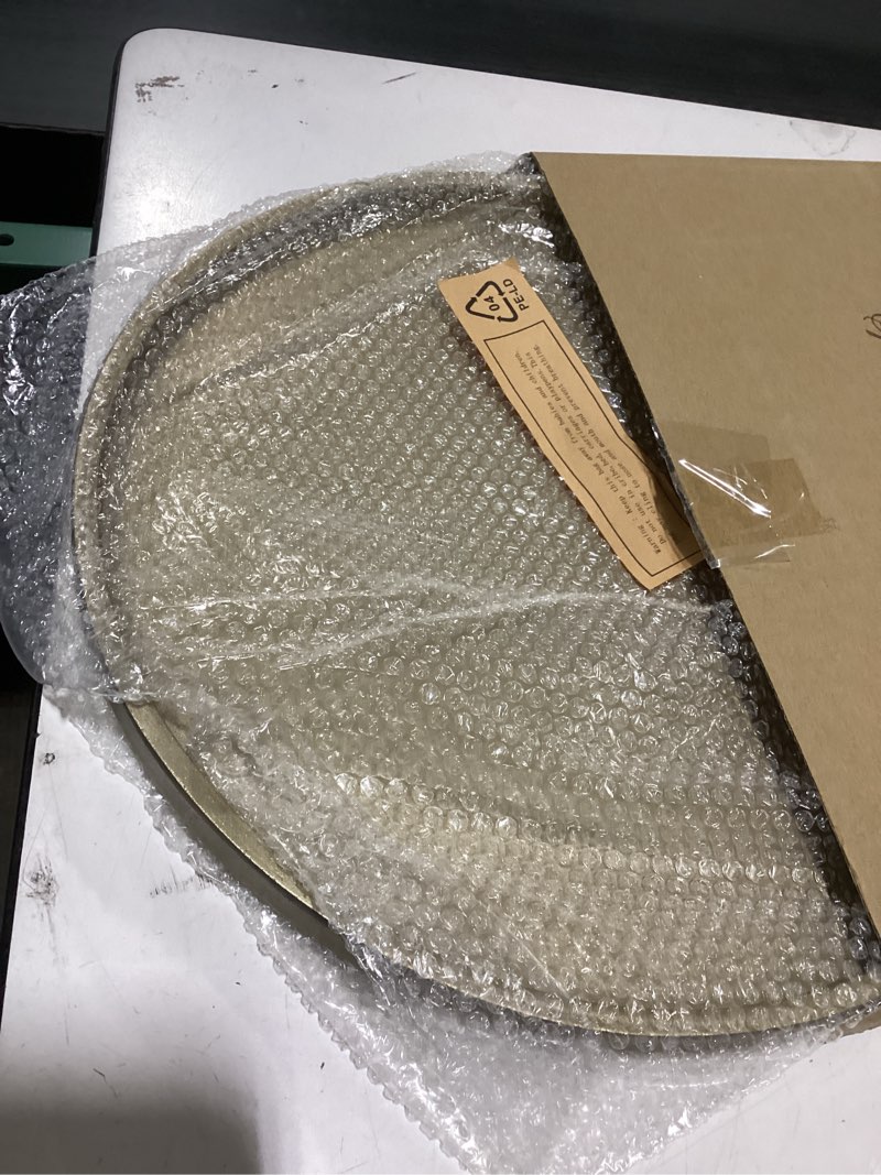 Condition photo showing Good Condition for DN Decoration14 Inch Large Gold Decorative Tray, Round Wooden Trays for Home Decor, Coffee Table Trays Decor for Perfume, Jewelry, Living Room, Table Centerpiece, Bathroom, Ottoman 14" Shiny Gold 14.5"