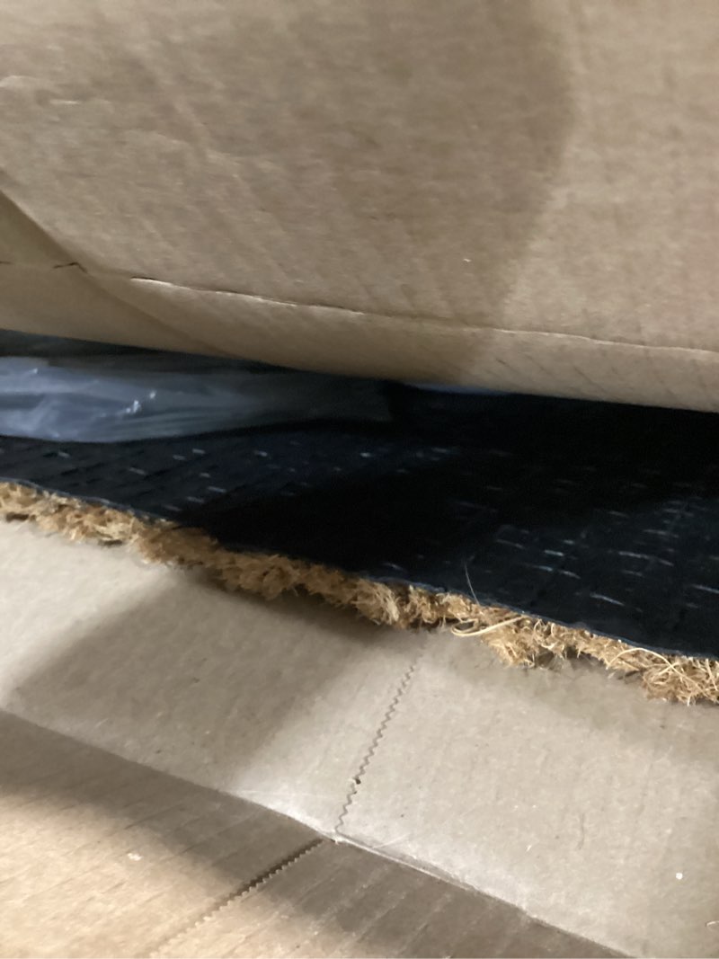 Condition photo showing As Is for hf by lt low profile hydrangea flatweave doormat, 18 x 30 inches, 100% coir, naturally durable, anti-slip backing, sustainable, garden flower design