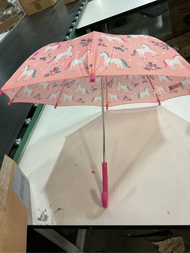 Condition photo showing Good Condition for (Damaged) Wildkin Kids Umbrella for Boys & Girls, Features Rainproof Canopy and Curved Handle for Easy Hanging, Wrap Around Hook and Loop Closure Umbrella for Kids (Magical Unicorns)