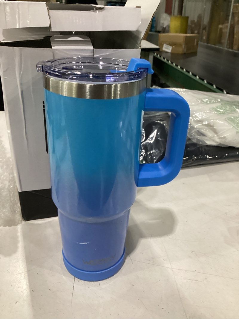 Condition photo showing New/Like New for 30 oz shiny tumbler with handle and straw,stainless steel tumbler with lid and straw,insulated travel mug(cold for 34 hours),water bottle for iced tea,coffee (blue) glitter blue 30 ounces