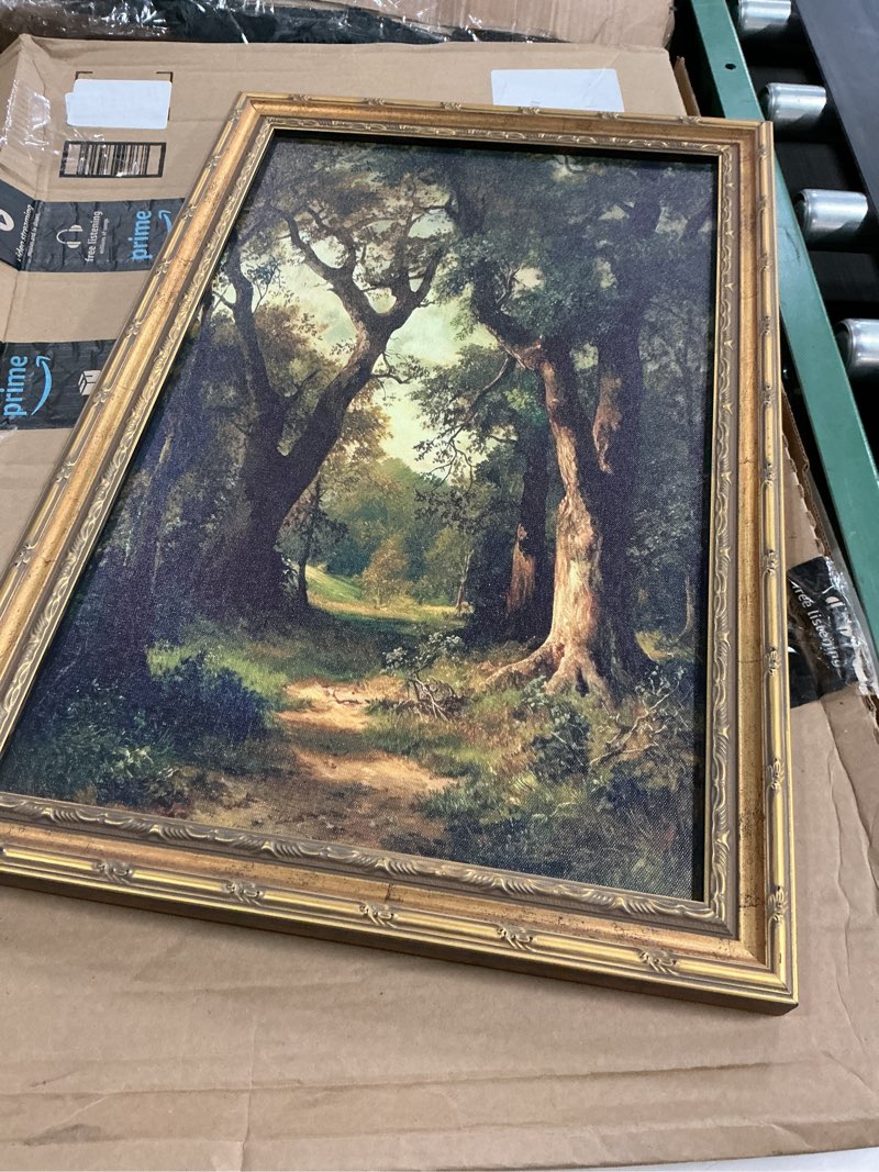 Condition photo showing Good Condition for kkp vintage forest path landscape framed wall art, dark academia woodland oil painting print, ornate gold framed antique forest scenic artwork, rustic cottagecore nature wall decor 16x24 inch forest landscape 16\\\"l x 24\\\"w