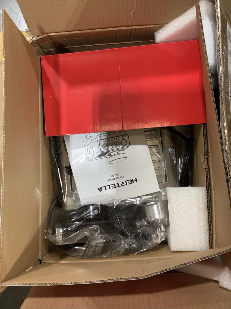 Condition photo showing Good Condition for hertella espresso machine with burr grinder, 20 bar visual pressure gauge, milk frother steam wand, stainless steel, 4 temperature modes (hot and cold brew), automatic pressure release function