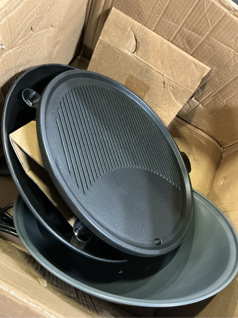 Condition photo showing As Is for (incomplete, missing piece)2-in-1 outdoor electric grill & portable bbq with removable stand - features non-stick baking pan & intelligent temperature control for balcony, backyard, camping, and party use, gray