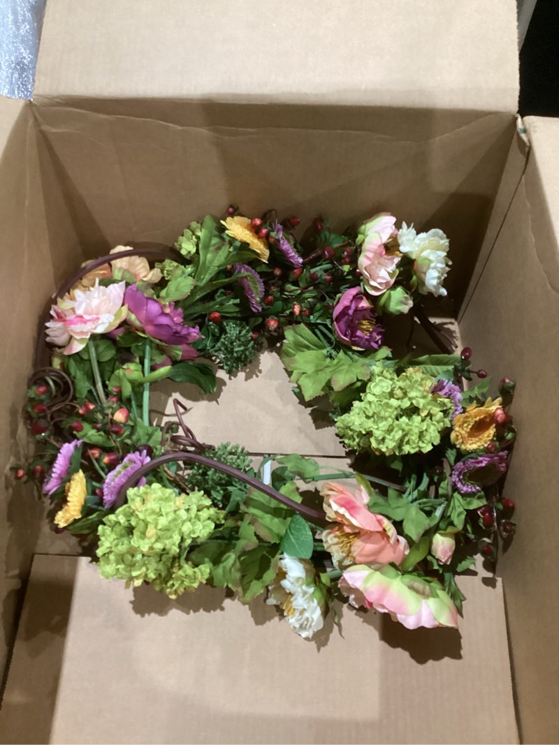 Condition photo showing As Is for nearly natural 24in artificial peony wreath faux floral door wreath for indoor home entryway wall decor, multicolor